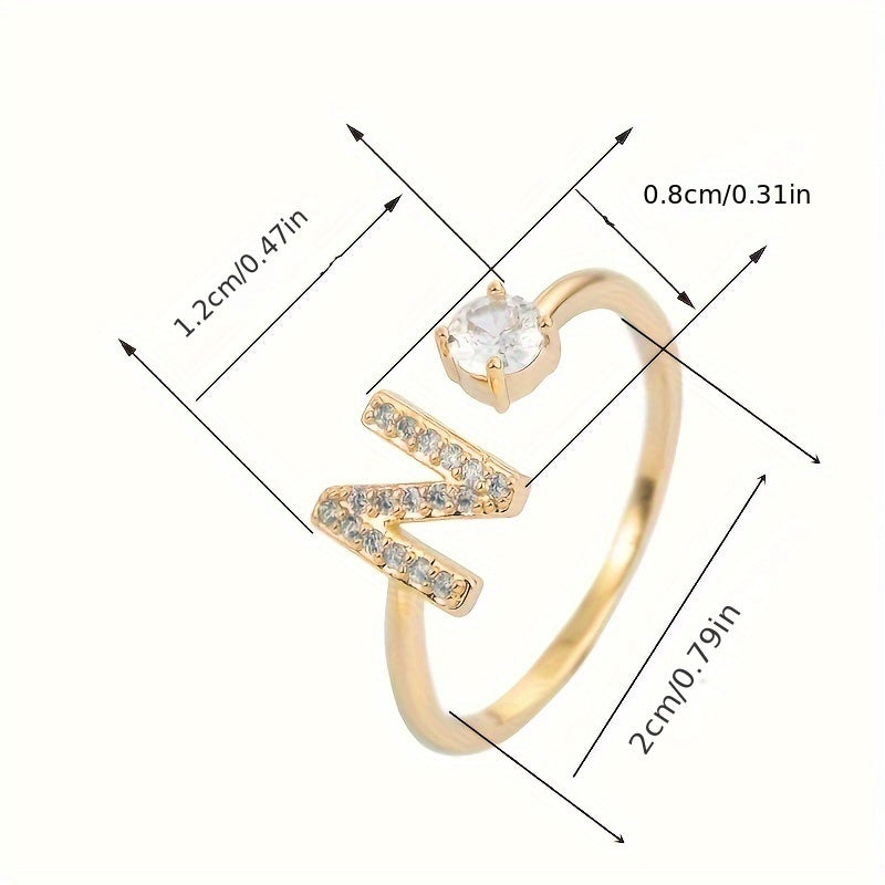 Bague Ajustable en Cuivre avec Zircone Ronde - 26 Lettres Alphabet - Bijou Tendance Femme