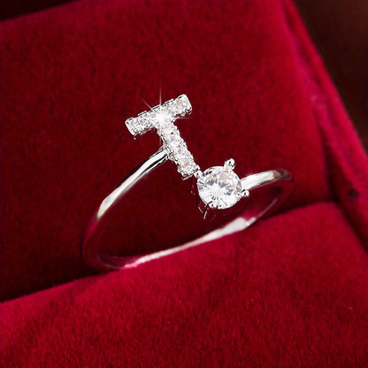 Bague Ajustable en Cuivre avec Zircone Ronde - 26 Lettres Alphabet - Bijou Tendance Femme