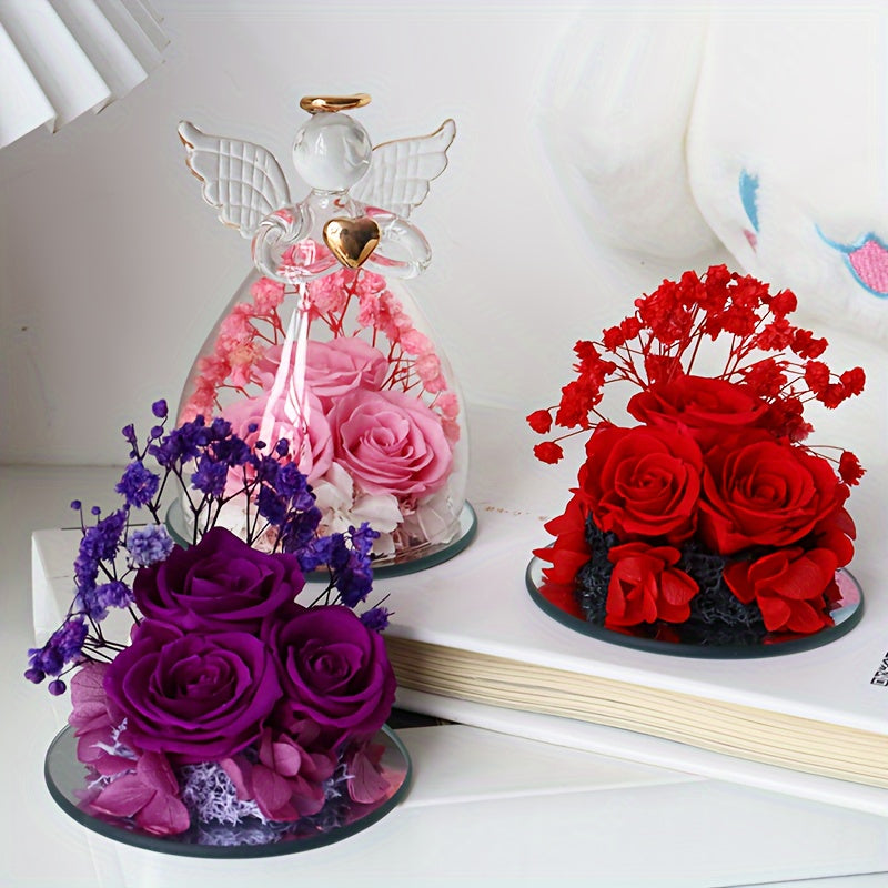Roses Rouges Éternelles sous Dôme en Verre 10cm avec Statue d'Ange - Cadeau Saint-Valentin, Noël, Fête des Mères