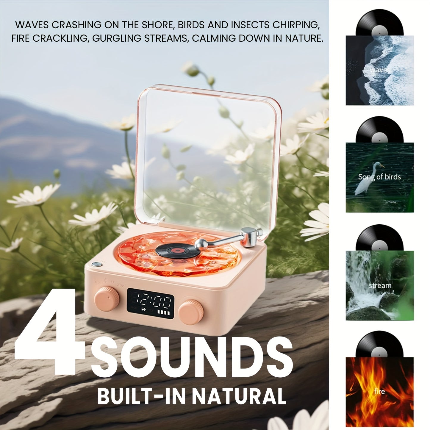 Enceinte Sans Fil Multifonction avec Bruit Blanc - 4 Sons Naturels, Projection RGB, Éclairage Ambiant - Design Rétro Tourne-Disque