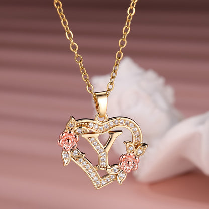 Collier Cœur avec Lettre et Fleur Rose Dorée - Zircone Blanche - Cadeau Saint-Valentin Femme