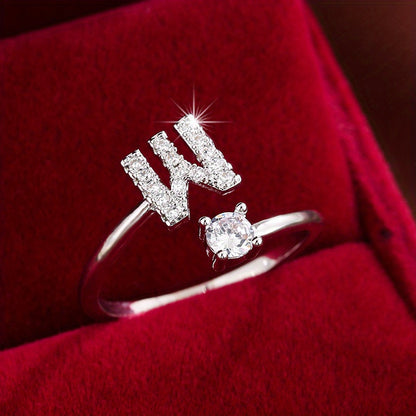 Bague Ajustable en Cuivre avec Zircone Ronde - 26 Lettres Alphabet - Bijou Tendance Femme