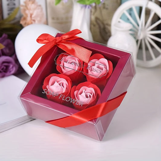 Coffret Cadeau 4 Roses Savon Artificielles - Fleurs Décoratives Parfumées - Cadeau Saint-Valentin, Fête des Mères, Noël, Mariage