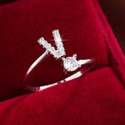 Bague Ajustable en Cuivre avec Zircone Ronde - 26 Lettres Alphabet - Bijou Tendance Femme