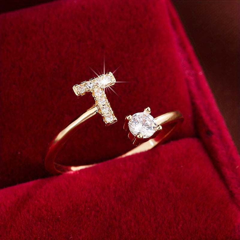 Bague Ajustable en Cuivre avec Zircone Ronde - 26 Lettres Alphabet - Bijou Tendance Femme