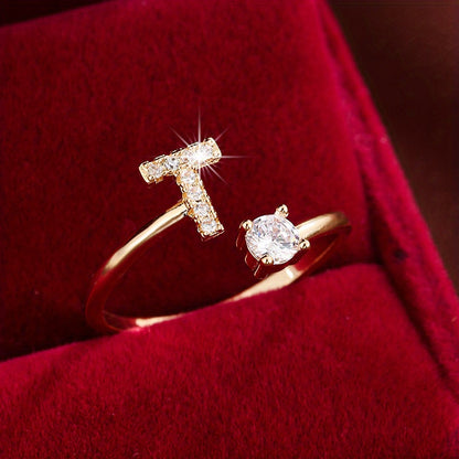 Bague Ajustable en Cuivre avec Zircone Ronde - 26 Lettres Alphabet - Bijou Tendance Femme