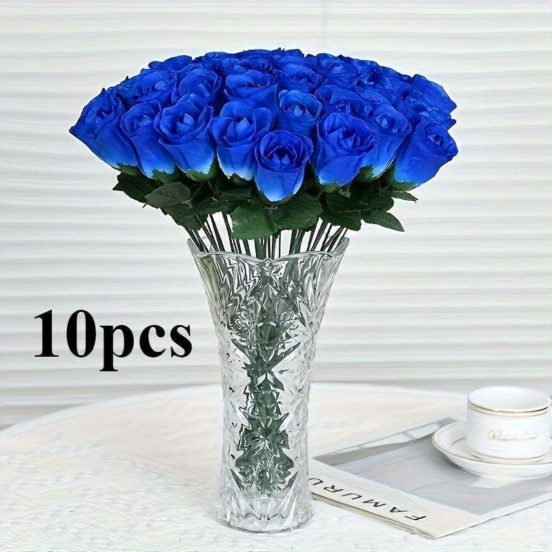 Bouquet de 10 Roses Bleues Artificielles 35 cm - Décoration Mariage, Saint-Valentin, Noël, Halloween - Sans Vase