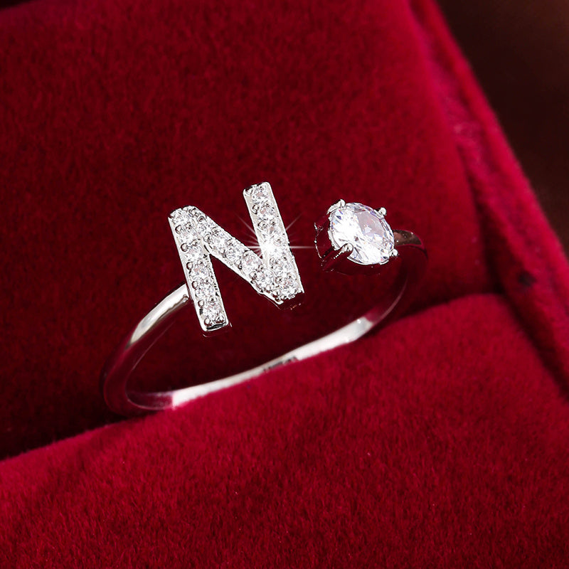 Bague Ajustable en Cuivre avec Zircone Ronde - 26 Lettres Alphabet - Bijou Tendance Femme