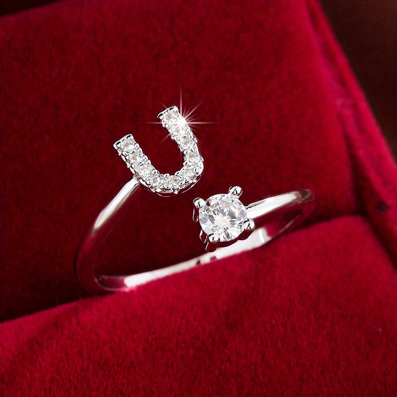 Bague Ajustable en Cuivre avec Zircone Ronde - 26 Lettres Alphabet - Bijou Tendance Femme