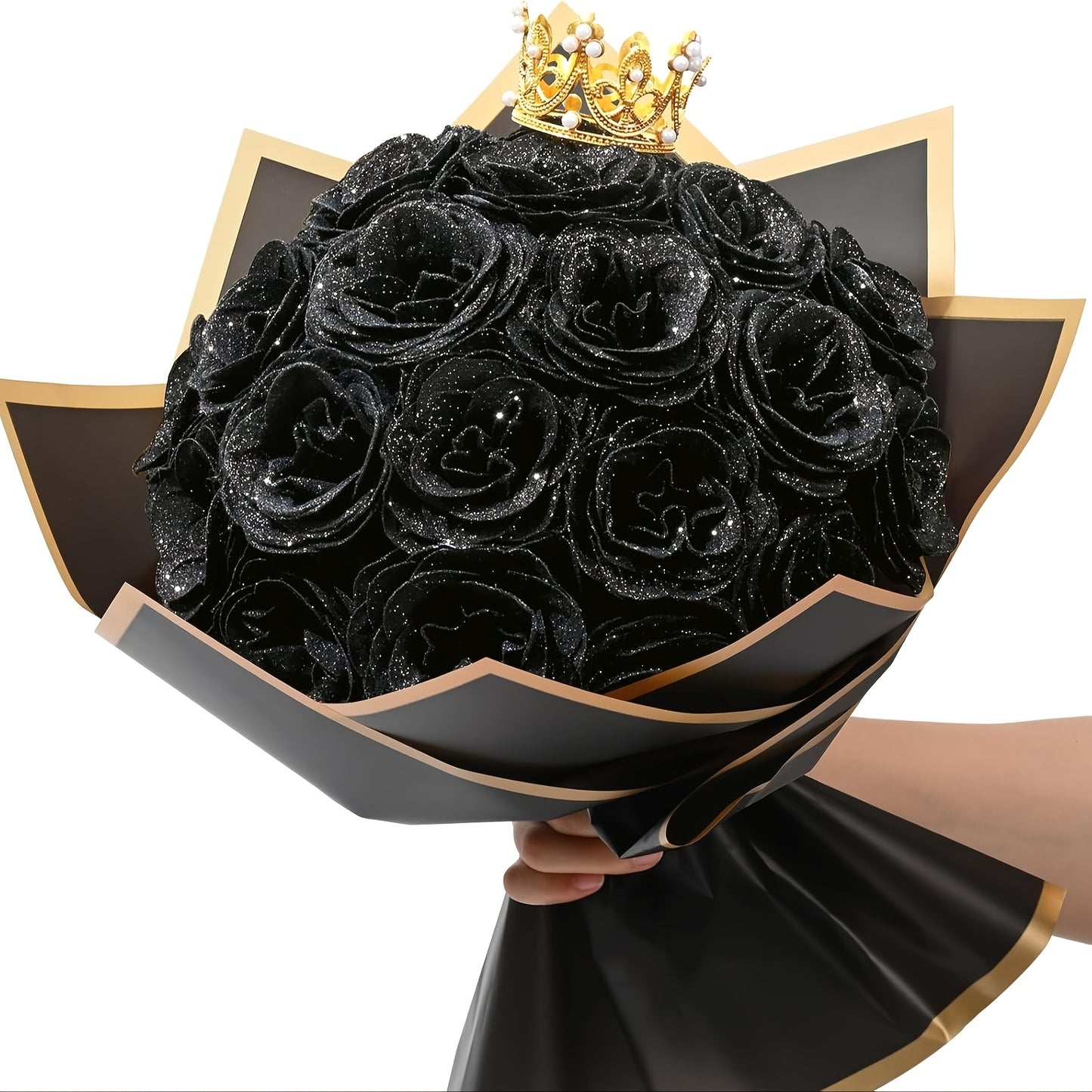 Bouquet de 24 Roses Bleues Pailletées avec 6 Papillons Dorés - Décoration Mariage, Anniversaire, Fiançailles