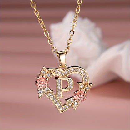 Collier Cœur avec Lettre et Fleur Rose Dorée - Zircone Blanche - Cadeau Saint-Valentin Femme