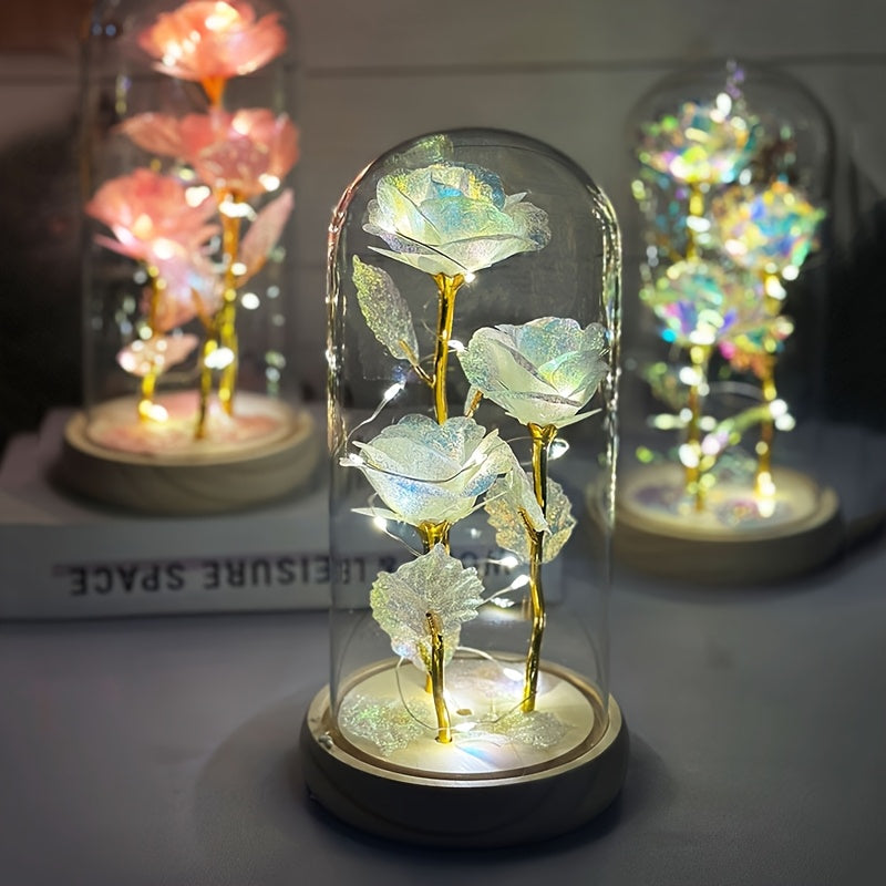 Dôme en Verre avec Roses LED Lumineuses - Centre de Table Décoratif - Cadeau Saint-Valentin, Fête des Mères, Noël