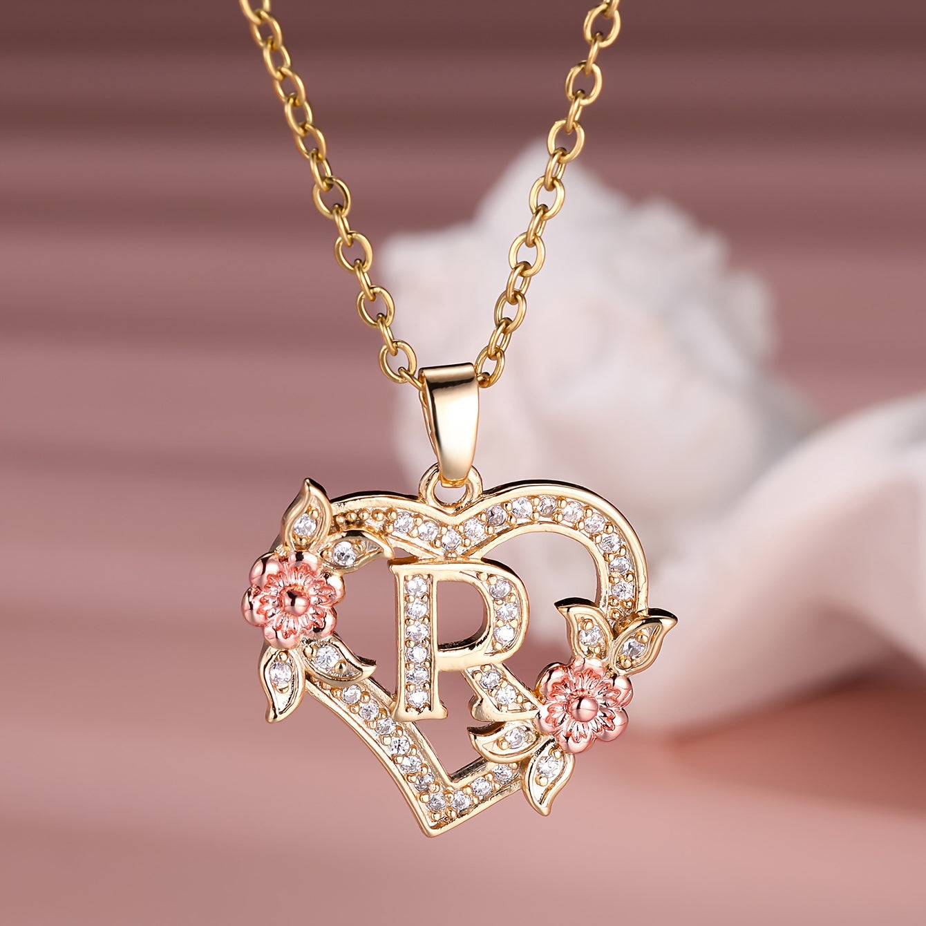 Collier Cœur avec Lettre et Fleur Rose Dorée - Zircone Blanche - Cadeau Saint-Valentin Femme