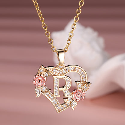 Collier Cœur avec Lettre et Fleur Rose Dorée - Zircone Blanche - Cadeau Saint-Valentin Femme