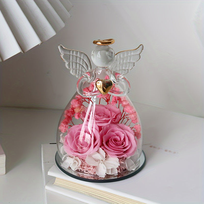 Roses Rouges Éternelles sous Dôme en Verre 10cm avec Statue d'Ange - Cadeau Saint-Valentin, Noël, Fête des Mères