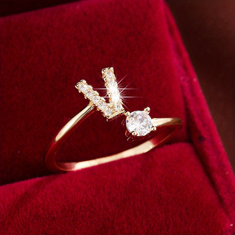 Bague Ajustable en Cuivre avec Zircone Ronde - 26 Lettres Alphabet - Bijou Tendance Femme