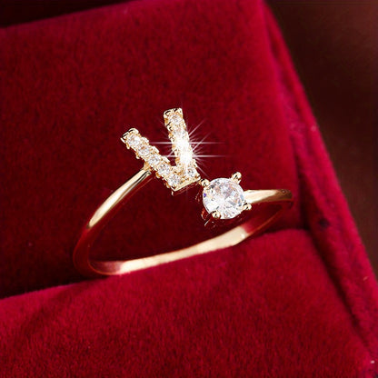 Bague Ajustable en Cuivre avec Zircone Ronde - 26 Lettres Alphabet - Bijou Tendance Femme