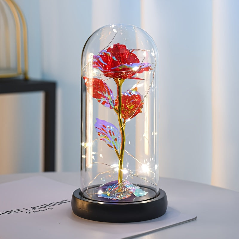 Rose LED Irisée sous Cloche en Verre - Cadeau Saint-Valentin, Fête des Mères - Avec Carte