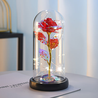 Rose LED Irisée sous Cloche en Verre - Cadeau Saint-Valentin, Fête des Mères - Avec Carte