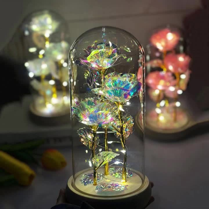 Dôme en Verre avec Roses LED Lumineuses - Centre de Table Décoratif - Cadeau Saint-Valentin, Fête des Mères, Noël