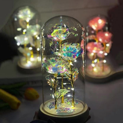 Dôme en Verre avec Roses LED Lumineuses - Centre de Table Décoratif - Cadeau Saint-Valentin, Fête des Mères, Noël