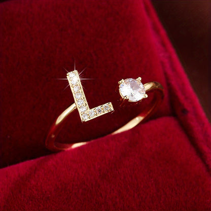 Bague Ajustable en Cuivre avec Zircone Ronde - 26 Lettres Alphabet - Bijou Tendance Femme