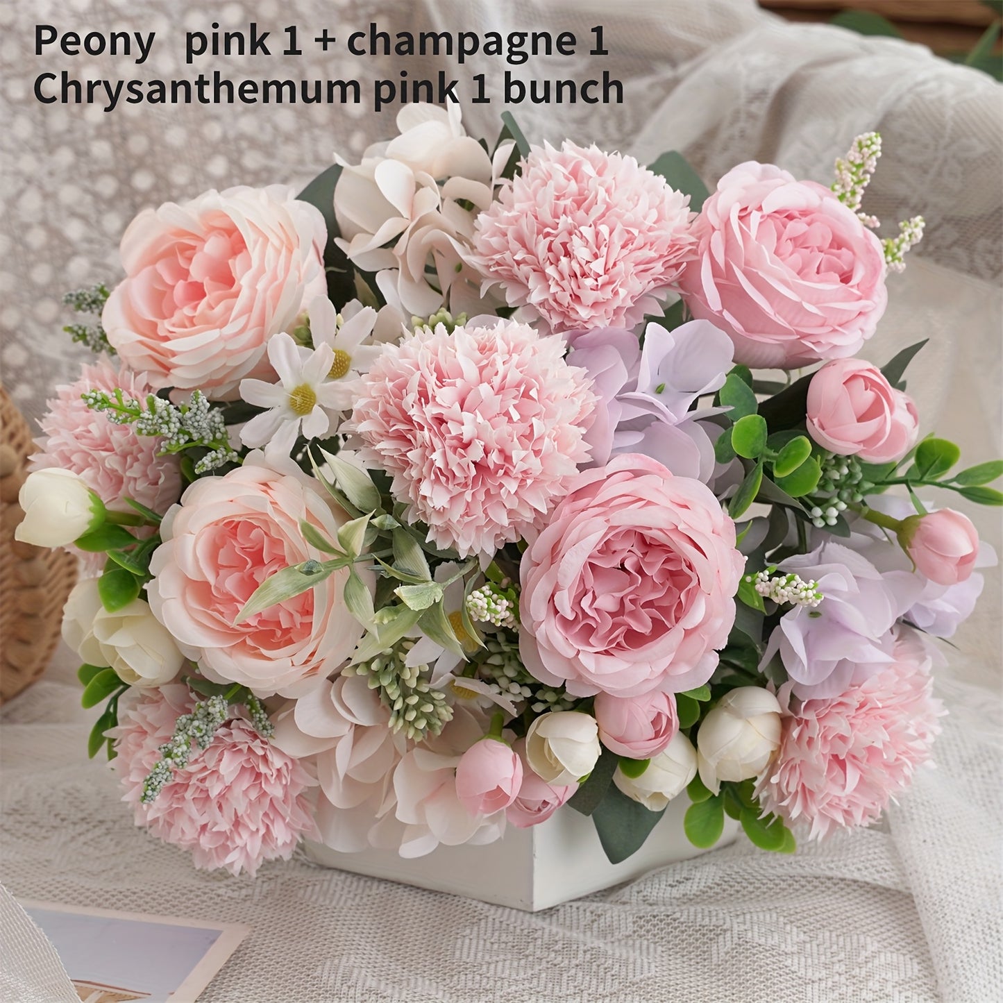 Bouquet Artificiel Pivoines, Hortensias & Chrysanthèmes - 3 Bouquets - Décoration Mariage, Maison