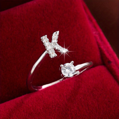 Bague Ajustable en Cuivre avec Zircone Ronde - 26 Lettres Alphabet - Bijou Tendance Femme