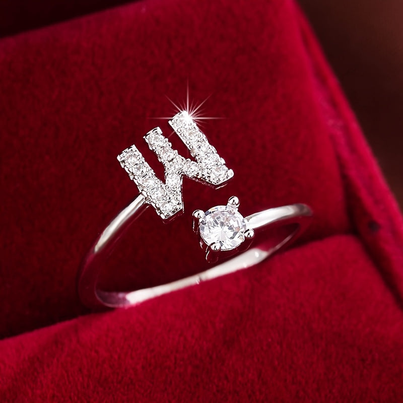 Bague Ajustable en Cuivre avec Zircone Ronde - 26 Lettres Alphabet - Bijou Tendance Femme