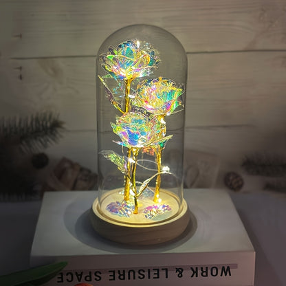 Dôme en Verre avec Roses LED Lumineuses - Centre de Table Décoratif - Cadeau Saint-Valentin, Fête des Mères, Noël