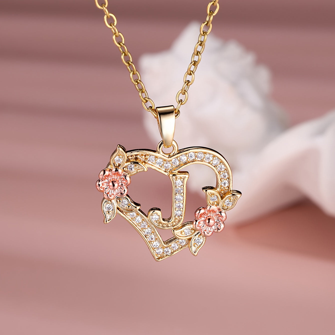 Collier Cœur avec Lettre et Fleur Rose Dorée - Zircone Blanche - Cadeau Saint-Valentin Femme
