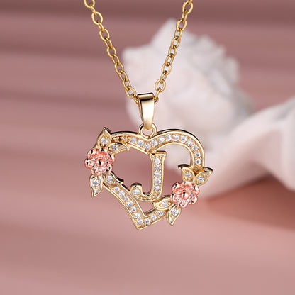 Collier Cœur avec Lettre et Fleur Rose Dorée - Zircone Blanche - Cadeau Saint-Valentin Femme