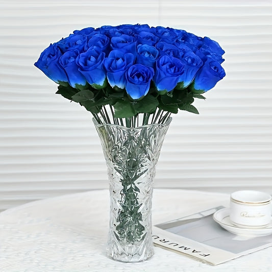 Bouquet de 10 Roses Bleues Artificielles 35 cm - Décoration Mariage, Saint-Valentin, Noël, Halloween - Sans Vase