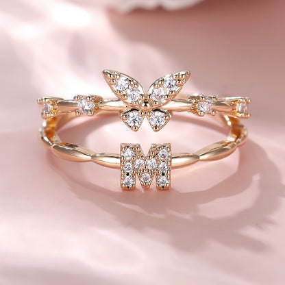Bague Papillon avec Initiale A-Z - Bijou Empilable Élégant - Cadeau Anniversaire, Noël - Femme