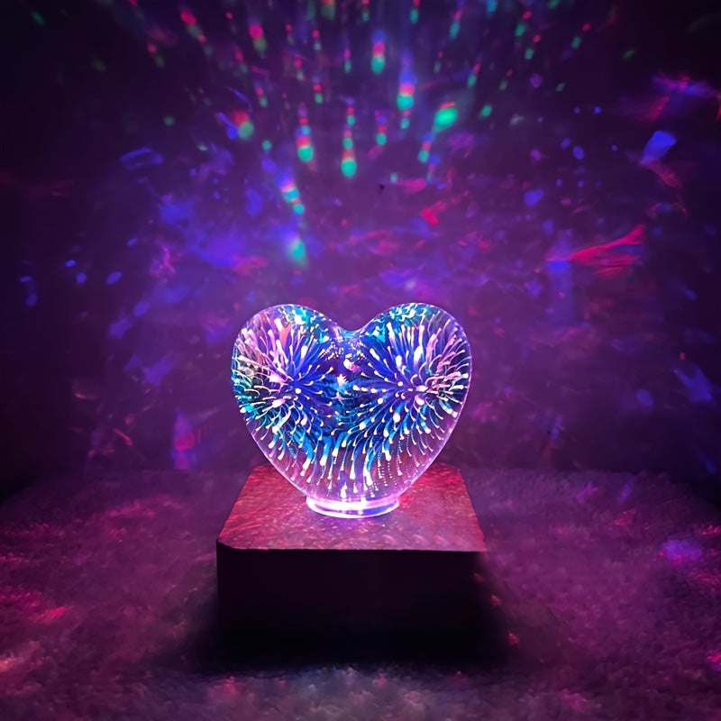 Lampe LED 3D Cœur d'Amour Feux d'Artifice USB - Veilleuse Décorative - Cadeau Saint-Valentin, Camping, Chambre