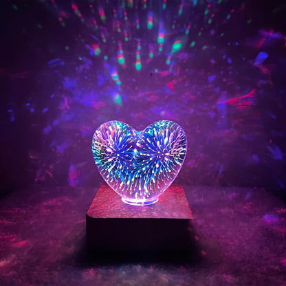 Lampe LED 3D Cœur d'Amour Feux d'Artifice USB - Veilleuse Décorative - Cadeau Saint-Valentin, Camping, Chambre