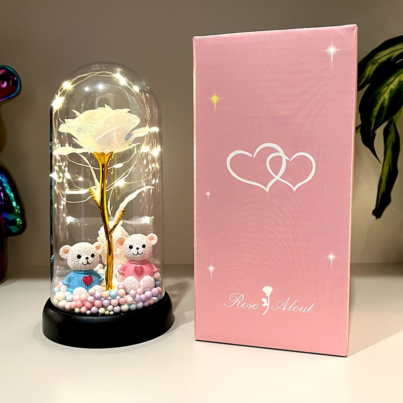 Rose Lumineuse sous Cloche LED - Décoration Romantique - Cadeau Saint-Valentin, Fête des Mères, Noël