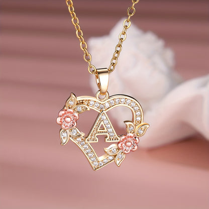Collier Cœur avec Lettre et Fleur Rose Dorée - Zircone Blanche - Cadeau Saint-Valentin Femme