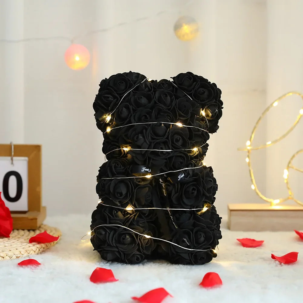 Ours en Roses LED Noir 25cm avec Boîte Cadeau - Cadeau Romantique Saint-Valentin, Anniversaire, Mariage