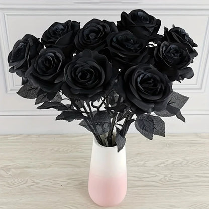 Roses Noires Artificielles Longues Tiges - Décoration Halloween, Mariage, Maison