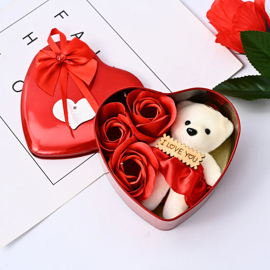 Coffret Cadeau Ours Rose & Rouge - Mini Bouquet Saint-Valentin, Anniversaire, Mariage