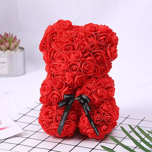 Ours Rouge Clair En Fleurs 25cm