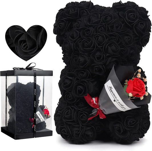 Ours en Roses Éternelles Noir avec Rose en main - Cadeau Saint-Valentin, Fête des Mères, Anniversaire