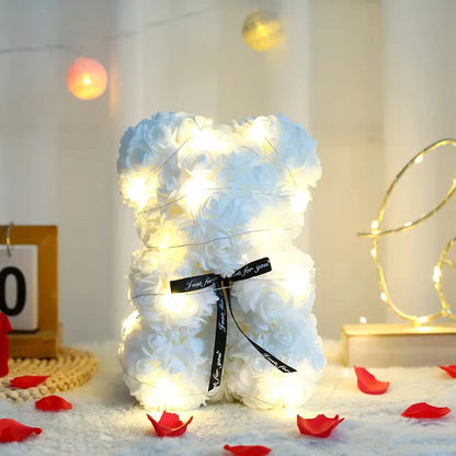 Ours en Roses LED Blanc 25cm avec Boîte Cadeau - Cadeau Romantique Saint-Valentin, Anniversaire, Mariage