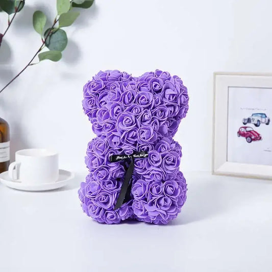 Ours en Roses Éternelles Violet 25cm - Livraison Express