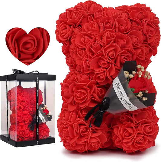 Ours en Roses Éternelles Rouge avec Rose en main - Cadeau Saint-Valentin, Fête des Mères, Anniversaire