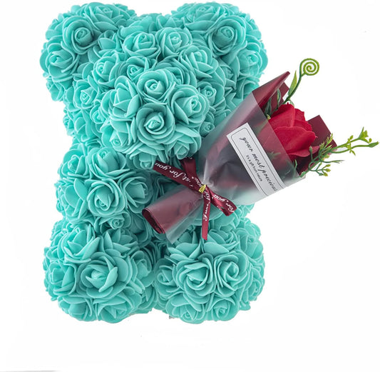 Ours en Roses Éternelles Bleu avec Rose en main - Cadeau Saint-Valentin, Fête des Mères, Anniversaire