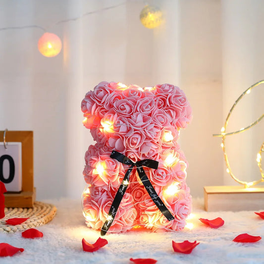 Ours en Roses LED Rose 25cm avec Boîte Cadeau - Cadeau Romantique Saint-Valentin, Anniversaire, Mariage