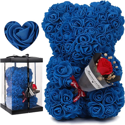 Ours en Roses Éternelles Bleu foncé avec Rose en main - Cadeau Saint-Valentin, Fête des Mères, Anniversaire