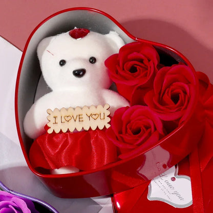Coffret Cadeau Ours Rose & Rouge - Mini Bouquet Saint-Valentin, Anniversaire, Mariage